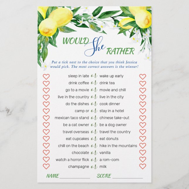 Lámina Lemons Blossom Greenery Moda Bridal Shower Game (Anverso)