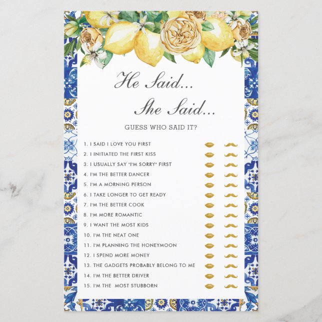 Lámina Lemons Floral Bridal Shower Dijo Que Dijo Juego (Anverso)