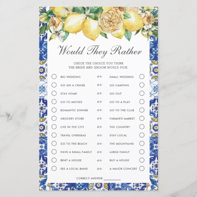 Lámina Lemons Floral Bridal Shower Prefieren Jugar (Anverso)