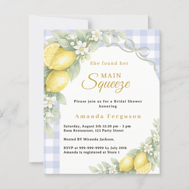 Lámina Lemons gingham squeeze Bridal Shower invitation (Anverso)