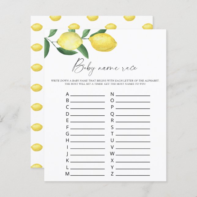Lámina Lemons - Juego de carreras de nombres de bebé (Anverso / Reverso)