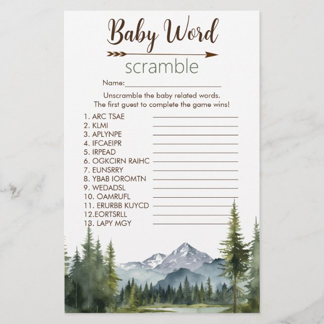Lámina Let the Adventure Word Scramble Game Baby Shower (Anverso)