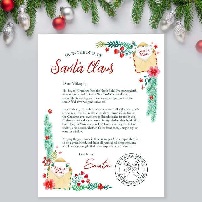 Lámina Letra acuarela de Santa Claus para niños (Watercolor Letter From Santa Claus for Kids)