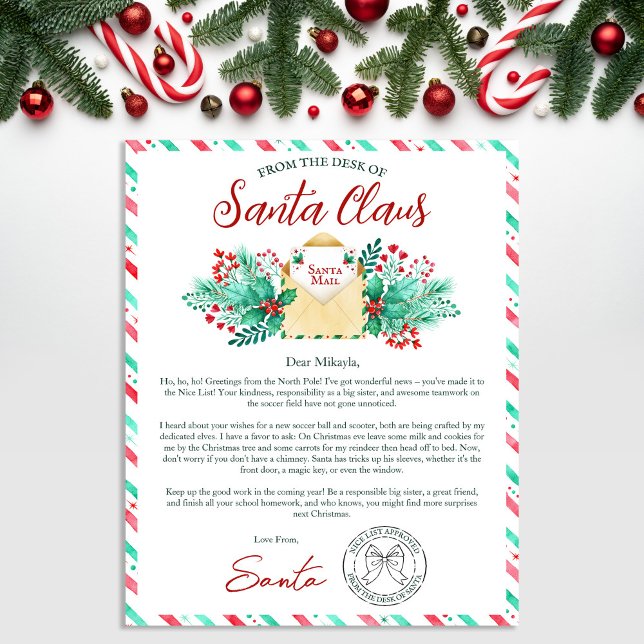 Lámina Letra acuarela de Santa Claus para niños (Watercolor Letter From Santa Claus for Kids)