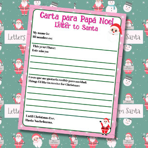 Lámina Letra bilingüe rosa editable al español Santa
