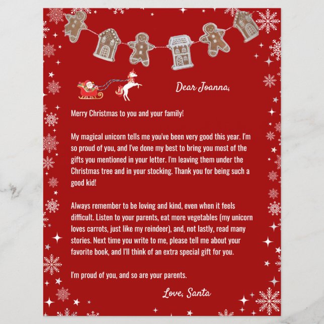 Lámina Letra Santa Unicorn Reindeer Snowflakes Red Xmas (Anverso)
