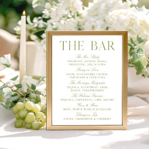 Lámina Letrero de Bar de Boda Elegante Verde Salvia y Bla