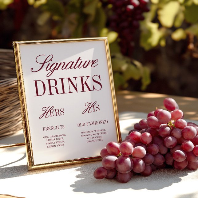 Lámina Letrero de barra de bebidas de firma de marfil ele (Elegant Ivory Signature Drinks Wedding Bar Sign)