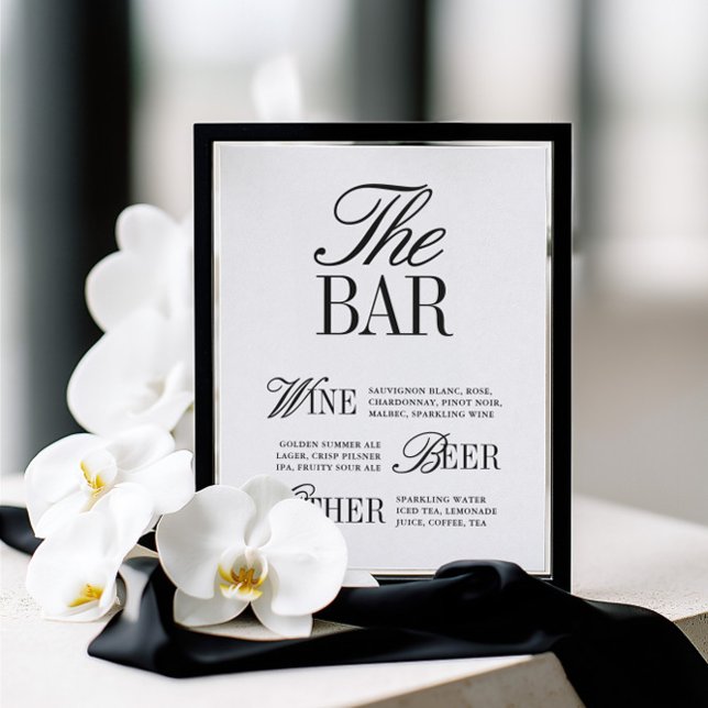 Lámina Letrero de barra de boda elegante en negro y blanc (Elegant Black & White Wedding Bar Sign)