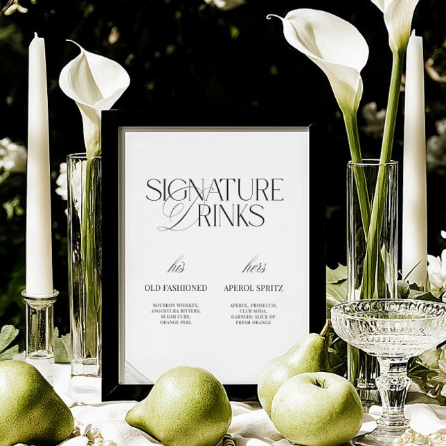 Lámina Letrero de Bebidas Destacadas para Boda Moderna en (Black & White Modern Wedding Signature Drinks Sign)