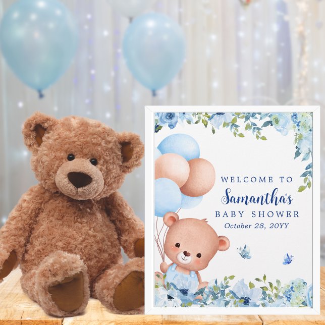 Lámina Letrero de bienvenida para Baby Shower con Oso de  (Teddy bear and balloons baby shower welcome sign for moms expecting a baby boy)