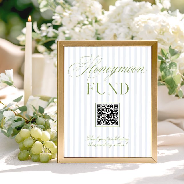 Lámina Letrero de Código QR del Fondo de Luna de Miel Ver (Sage Green & Blue Honeymoon Fund QR Code Sign)