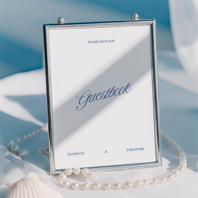 Lámina Letrero de Libro de Firmas de Boda con Escritura A (Classic White & Blue Script Wedding Guestbook Sign)