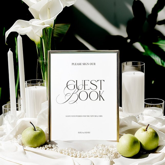 Lámina Letrero de Libro de Invitados Negro y Blanco Moder (Modern Elegant Black & White Guest Book Sign)