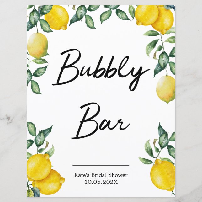 Lámina Letrero de limones de Bubbly Bar personalizado (Anverso)