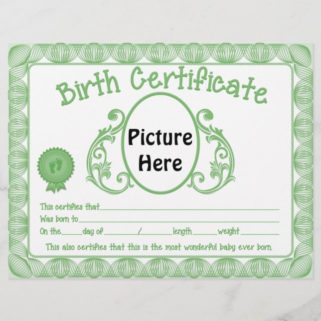 Lámina Letrero del certificado de nacimiento del bebé de  (Anverso)