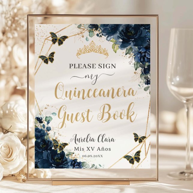 Lámina Libro de invitados Quinceanera 16 Blue Floral de l (navy-blue-floral-butterflies-gold-tiara-quinceanera-sweet-16-birthday-party-cheap-guest-book-signage)