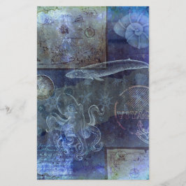 Lámina Libro de recortes de la vida marina azul vintage