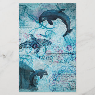 Lámina Libro de recortes de la vida marina azul vintage