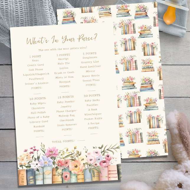 Lámina Libros ¿Qué hay en tu juego de bolsos? (Wildflower Books What's In Your Purse Baby Shower Game by Painted Paperie
)