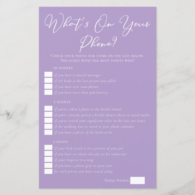 Lámina Lilac Purple What's On Your Phone Bridal Shower (Anverso)