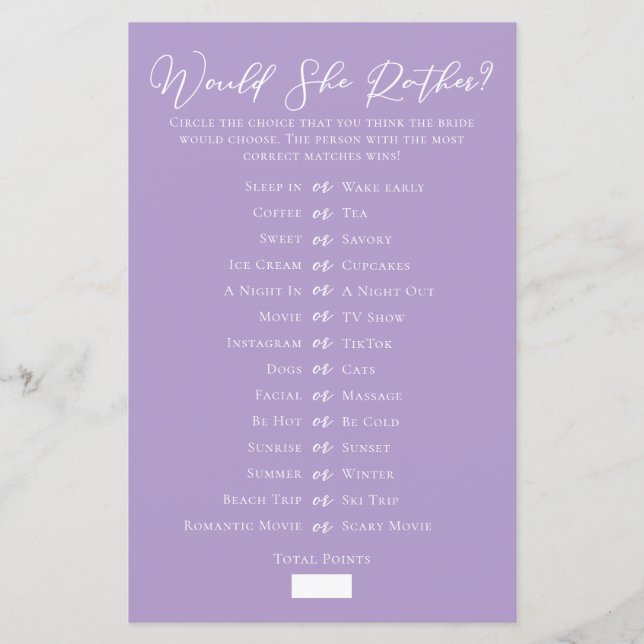 Lámina Lilac Purple Would She Rather Bridal Shower Game (Anverso)