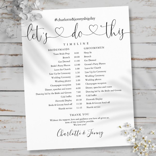 Lámina Línea De Tiempo De Programación De Bodas De Guión  (Black And White Script Wedding Schedule Timeline)