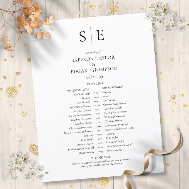 Lámina Línea de tiempo de programación moderna de Bodas d (Modern Monogram Wedding Schedule Timeline)