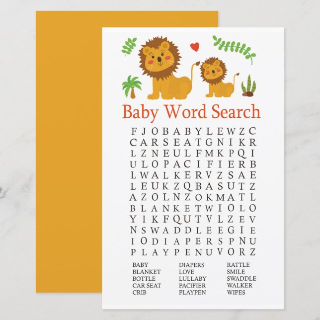 Lámina Lion Baby Shower Word Search Game (Anverso / Reverso)