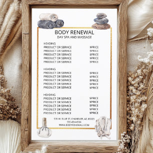 Lámina Lista de precios de servicios de masaje de spa Acu
