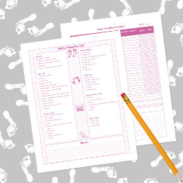 Lámina Lista de suministros para bebés rosados y rastread