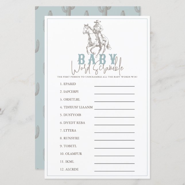 Lámina Little Cowboy Western Blue Baby Word Scramble (Anverso / Reverso)