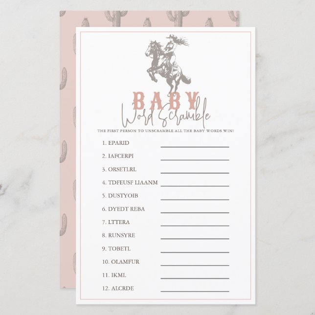 Lámina Little Cowgirl Western Pink Baby Word Scramble (Anverso / Reverso)