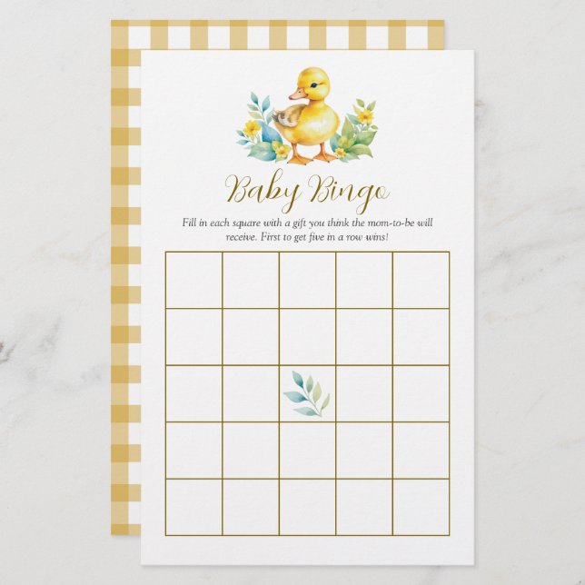 Lámina Little Duckling Duck Baby Shower Bingo Game (Anverso / Reverso)