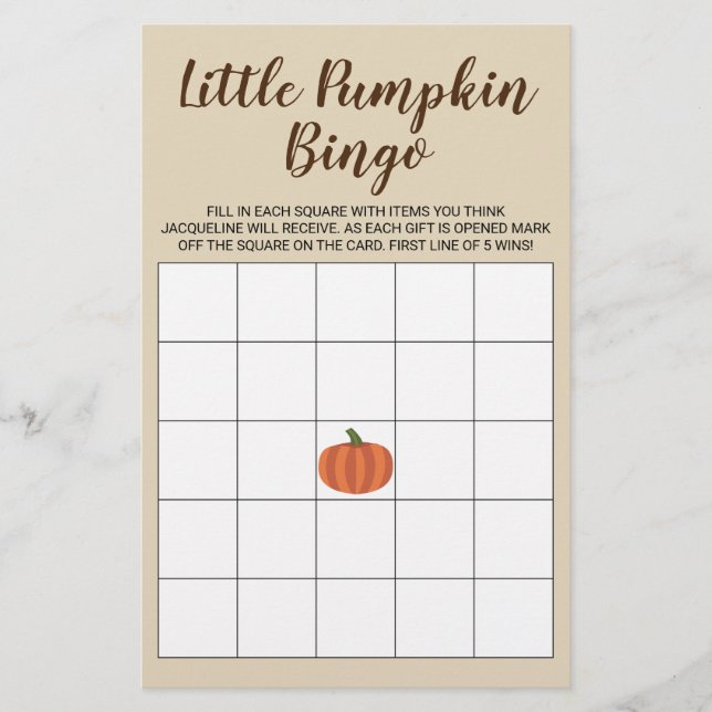 Lámina Little Pumpkin Fall Tan Baby Shower Bingo Card (Anverso)