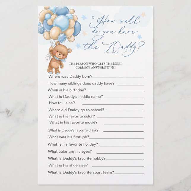 Lámina Llevar el juego de Baby Shower ¿Qué tan bien conoc (Anverso)