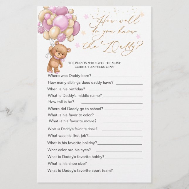 Lámina Llevar el juego de Baby Shower ¿Qué tan bien conoc (Anverso)