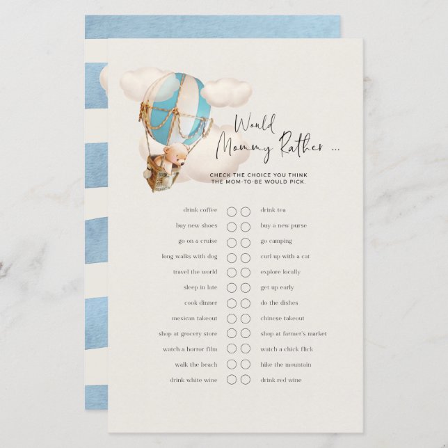 Lámina Llevar un juego de Baby Shower - ¿Mami preferiría? (Anverso / Reverso)