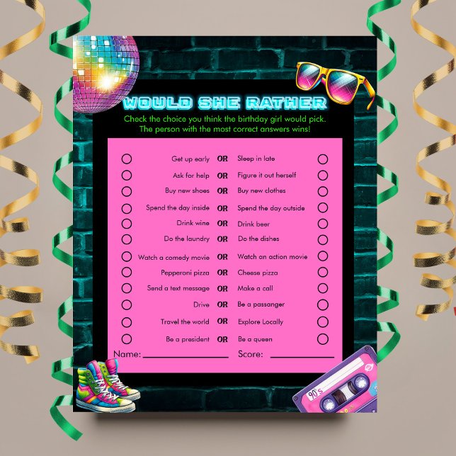Lámina ¿Lo prefiere? Juego de cumpleaños Neon Disco de lo (Subido por el creador)