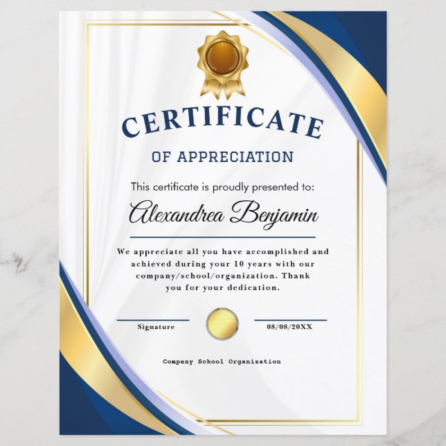 Lámina Logro Apreciado Certificado Azul de Oro (Anverso)