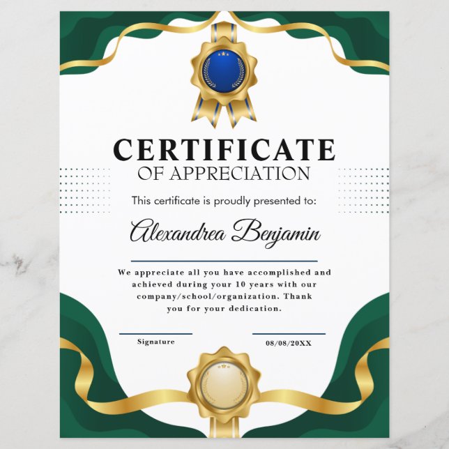Lámina Logro Apreciado Certificado Azul de Oro (Anverso)