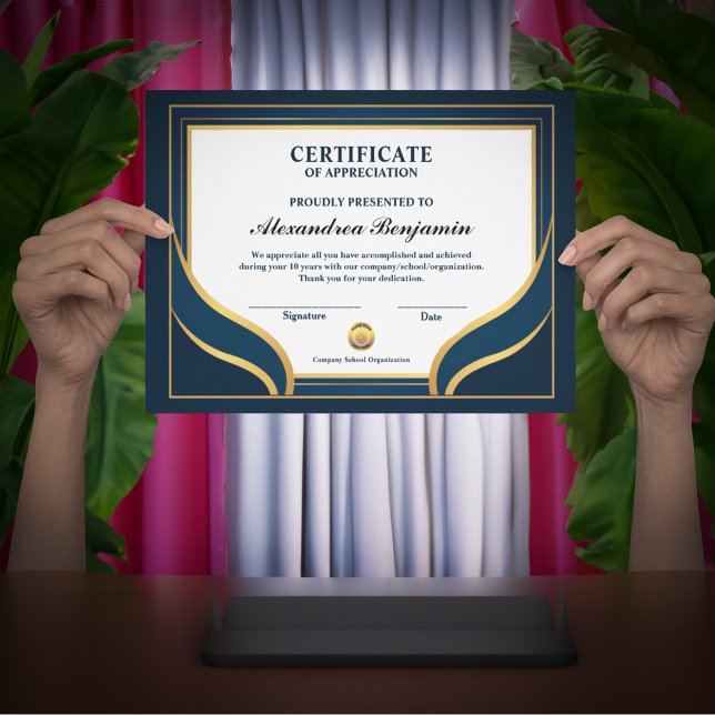 Lámina Logro Apreciado Certificado Azul de Oro (Achievement Appreciate Gold Blue Certificate to show your appreciation for all they have done. )