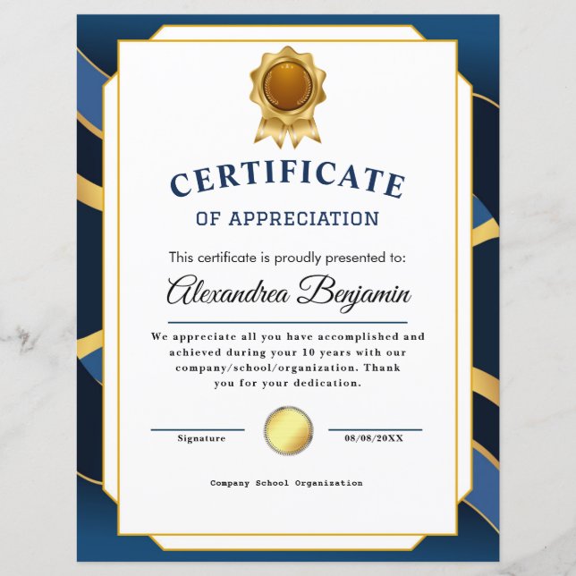 Lámina Logro Apreciado Certificado Azul de Oro (Anverso)