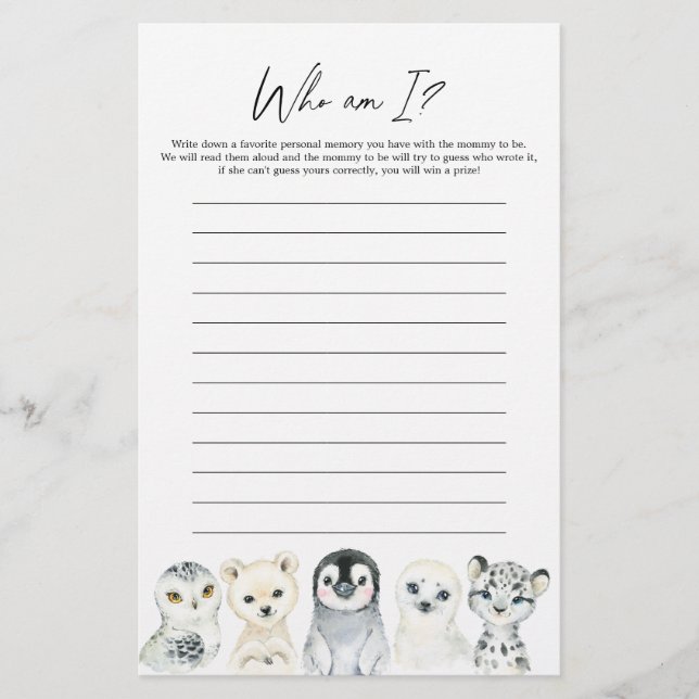 Lámina Los animales del Ártico Baby Shower ¿Quién soy yo? (Anverso)