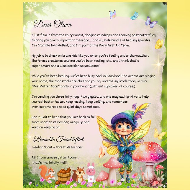 Lámina Los chicos se recuperan pronto carta de hadas - pe (Boys Get Well Soon Fairy Letter – Personalized Printed Note from Bramble Twinkleflint)