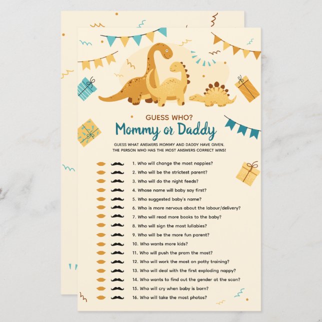 Lámina Los dinosaurios de Baby Shower adivinan quién es m (Anverso / Reverso)