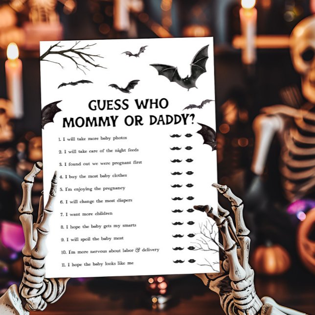 Lámina Los murciélagos blancos y negros adivinan quién es (Black and White Bats Baby Shower Guess who Mommy or Daddy Game)