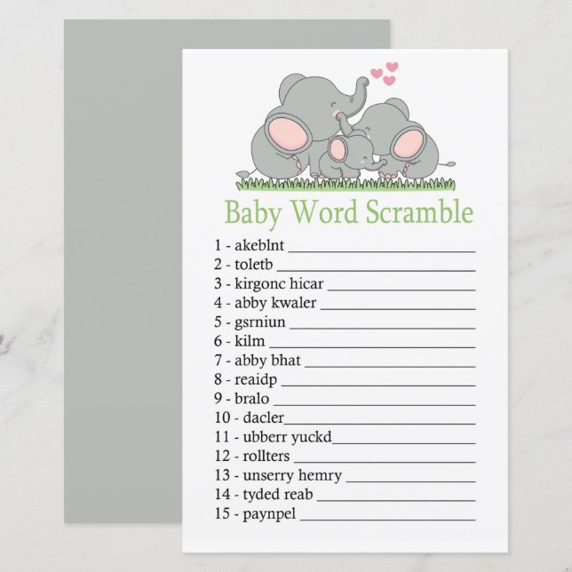 Lámina Love Elephants Baby word scramble game (Anverso / Reverso)