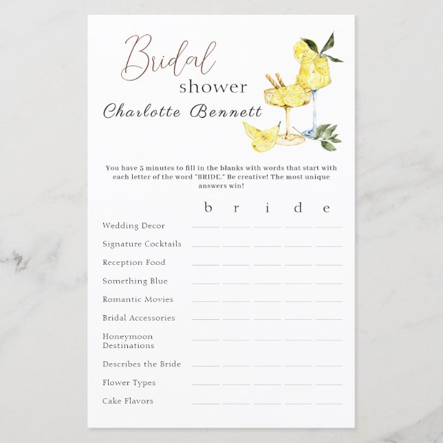 Lámina Love Limoncello Cocktail Bridal Shower Game (Anverso)
