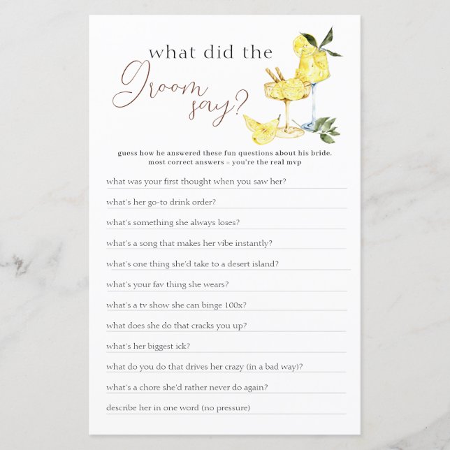 Lámina Love Limoncello Cocktail Bridal Shower Game (Anverso)